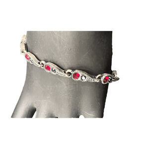 WOW! Vtg Signed Napier Marcasite Glass Ruby Red Rhinestones Silver Tone Bracelet